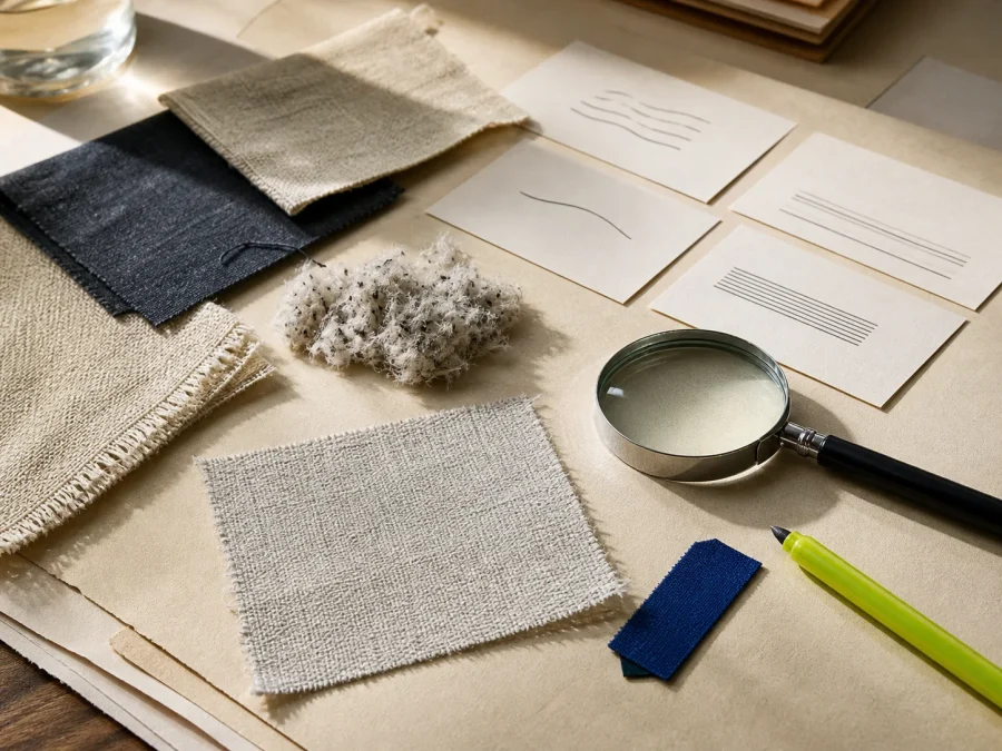 Fictional fabric swatches, loose fiber, evidence cards, a magnifier, cobalt sample tabs, and an acid-lime pencil arranged on a warm paper desk.