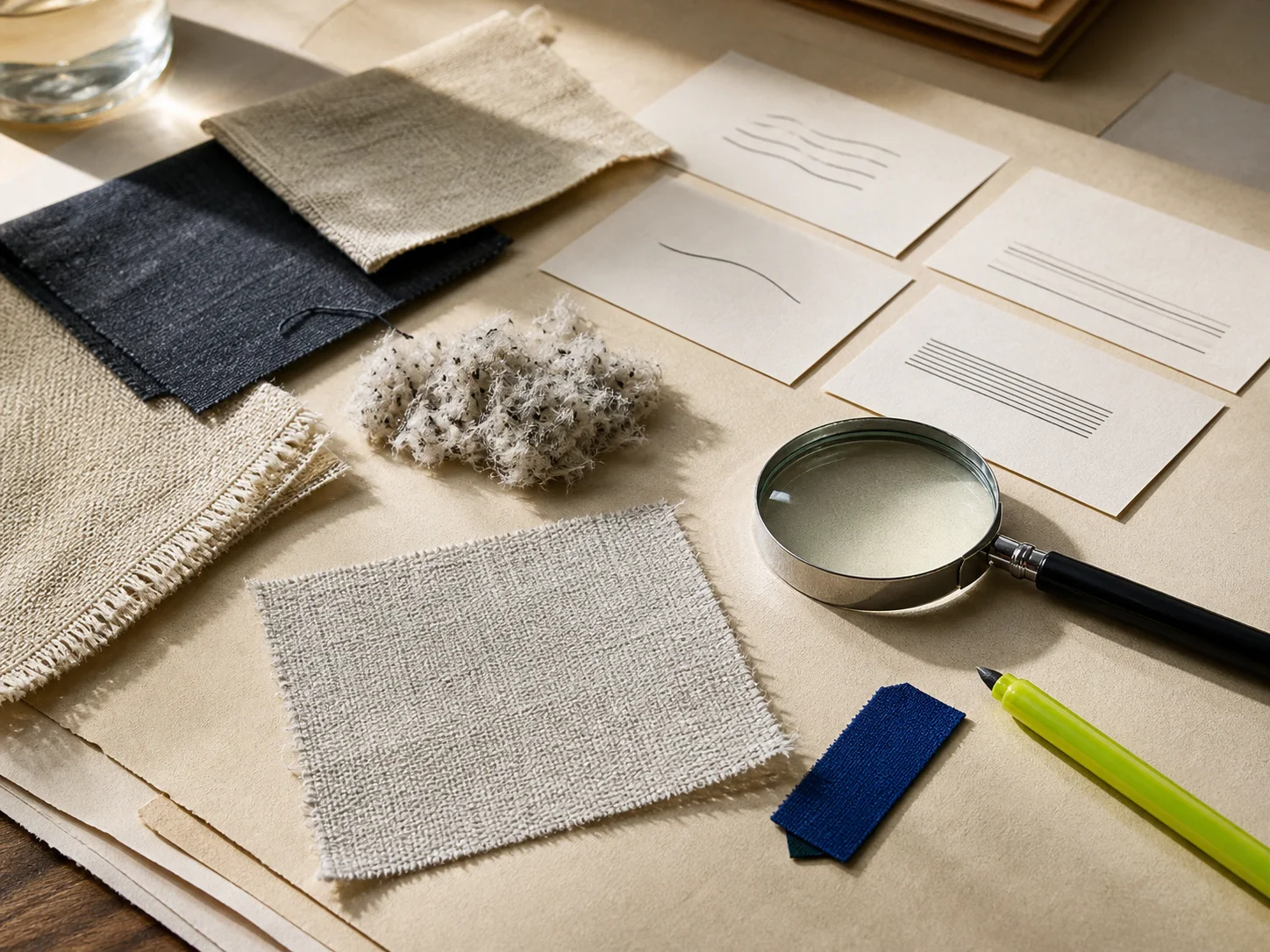 Fictional fabric swatches, loose fiber, evidence cards, a magnifier, cobalt sample tabs, and an acid-lime pencil arranged on a warm paper desk.