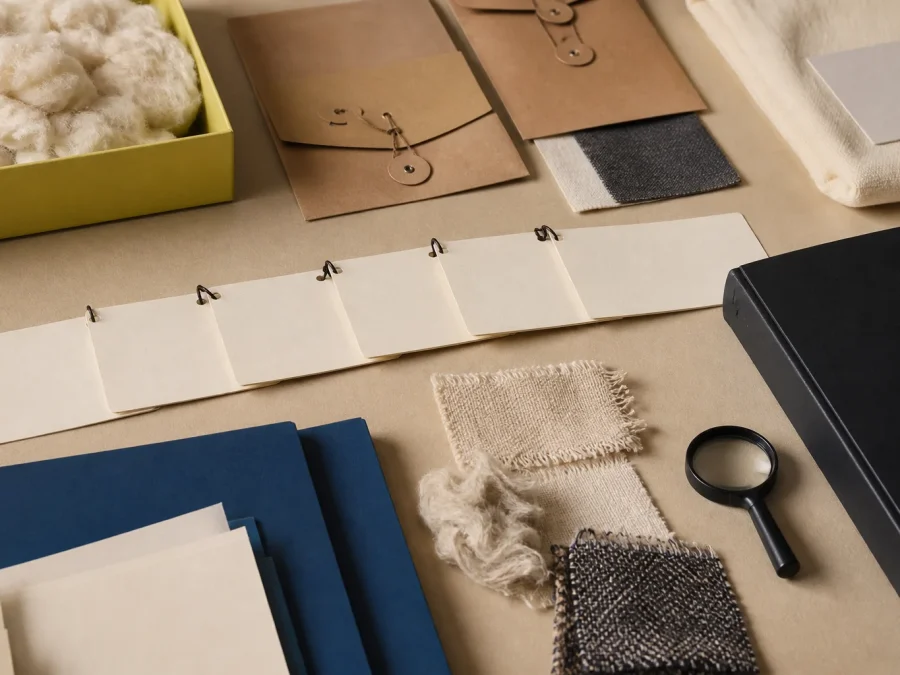 Fictional recycled-material evidence desk with neutral fiber swatches, blank chain-of-custody cards, cobalt archive folders, a black claim binder, and an acid-lime hold tray.
