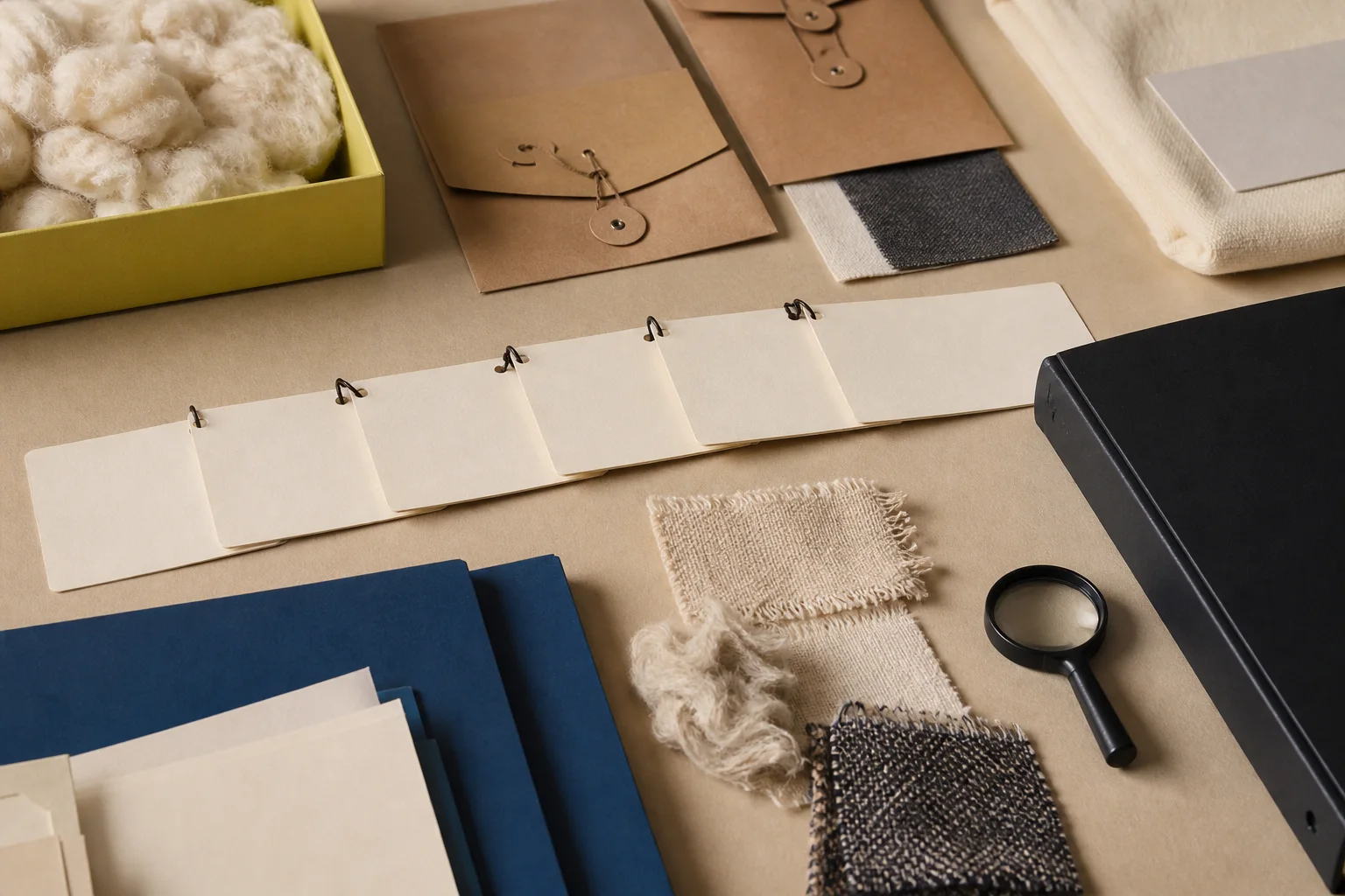 Fictional recycled-material evidence desk with neutral fiber swatches, blank chain-of-custody cards, cobalt archive folders, a black claim binder, and an acid-lime hold tray.