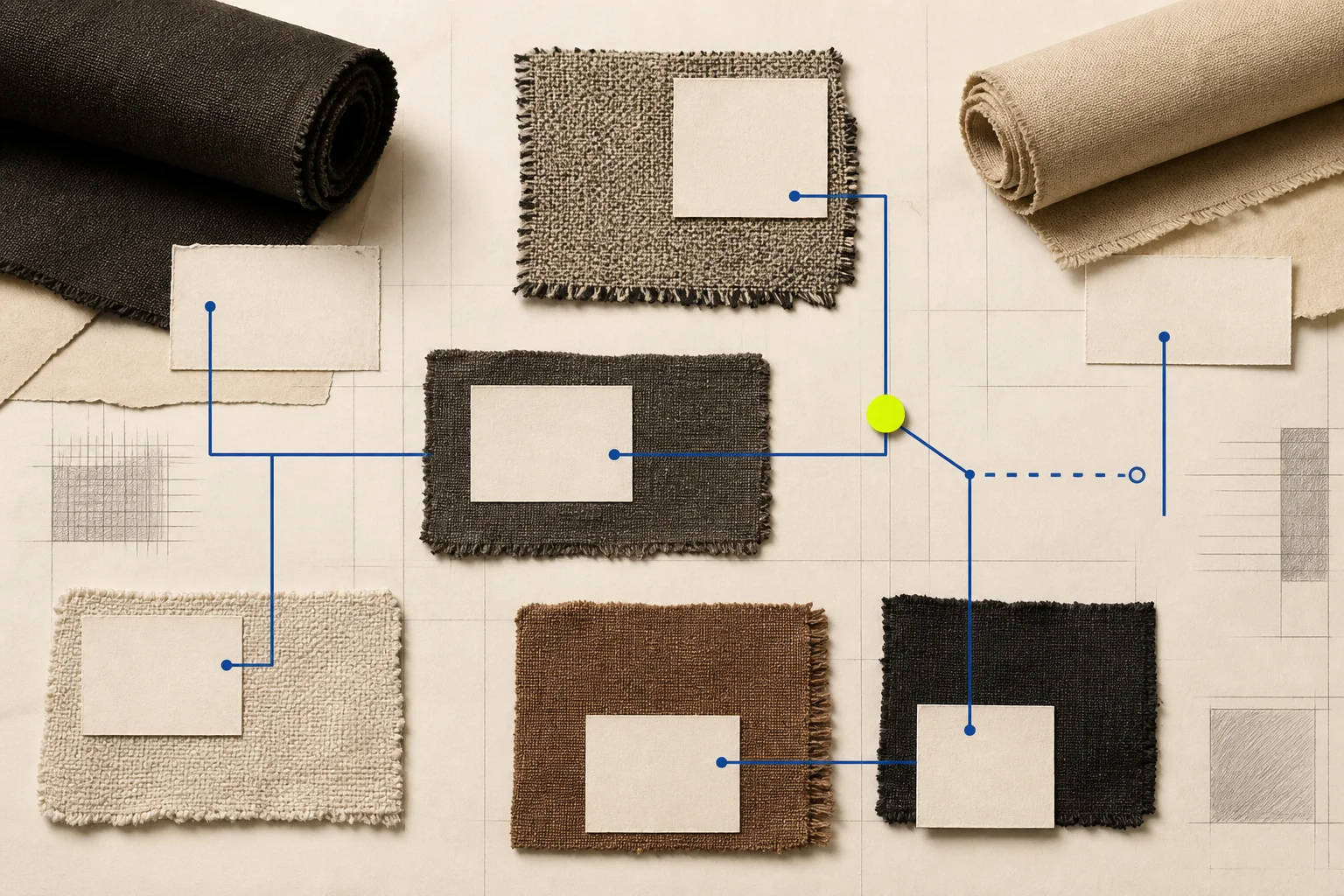 Irregular fabric-lot swatches sit beside blank condition, sample, and traceability cards on warm cream paper, connected by cobalt paths and one acid-lime review marker.