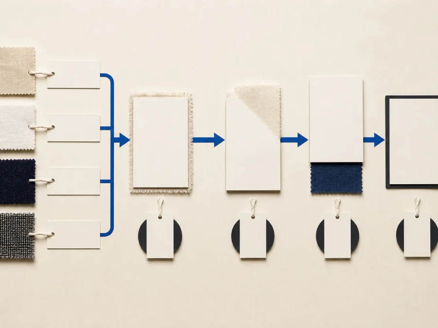 Small cream textile lots, blank sample cards, quality checkpoints, and change-control tabs are linked by a cobalt sourcing path with one acid-lime approval marker.
