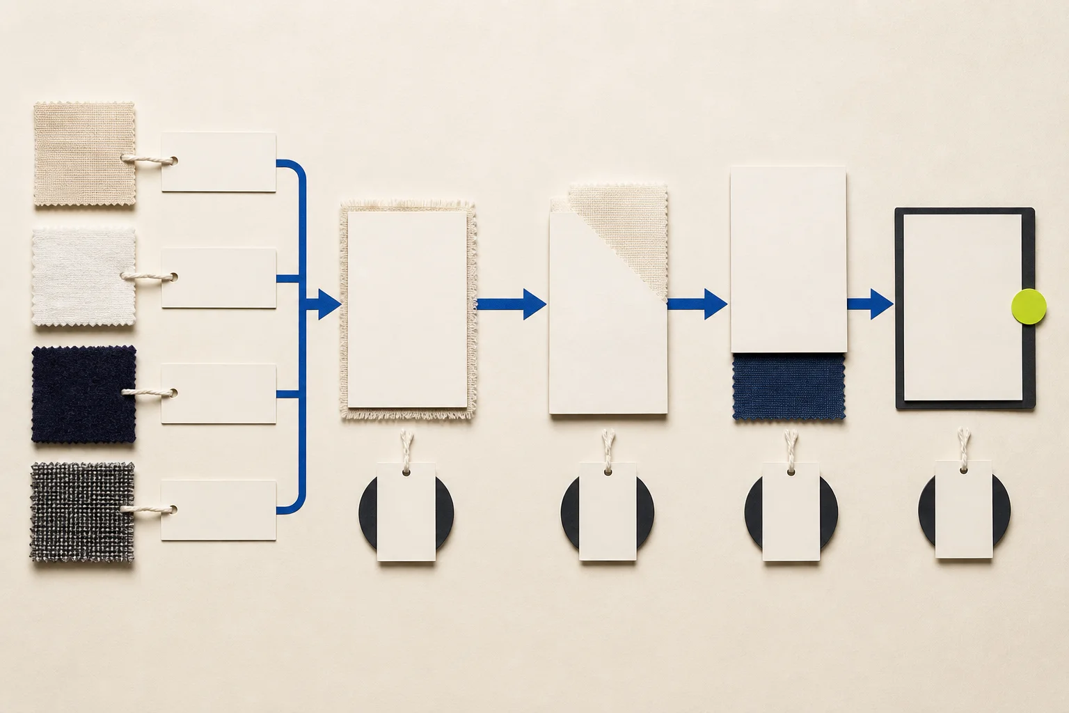 Small cream textile lots, blank sample cards, quality checkpoints, and change-control tabs are linked by a cobalt sourcing path with one acid-lime approval marker.