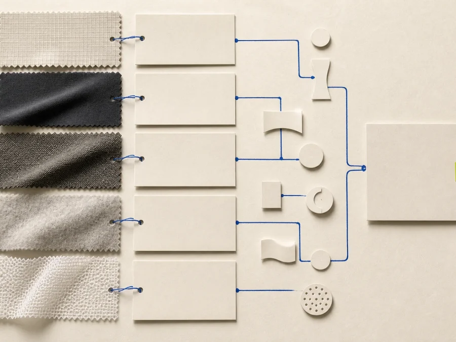 Layered abstract technical textile swatches beside blank material evidence cards, a cobalt measurement path, and one acid-lime sensory-review marker.