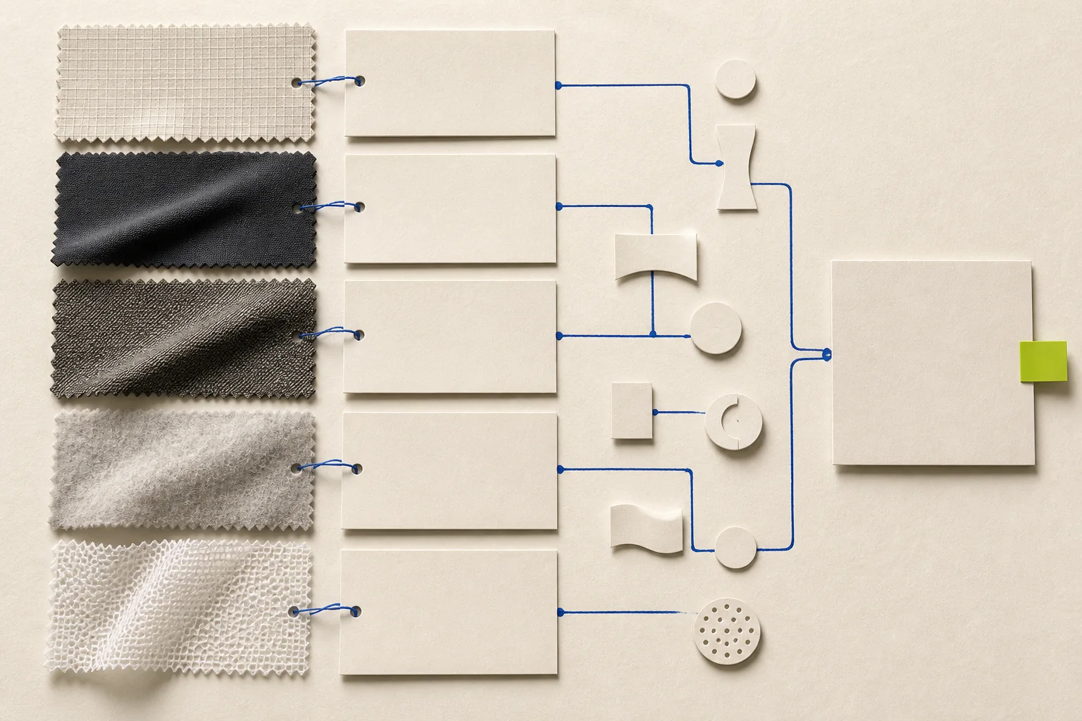 Layered abstract technical textile swatches beside blank material evidence cards, a cobalt measurement path, and one acid-lime sensory-review marker.
