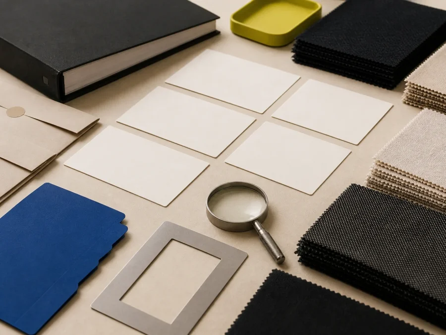 Fictional fabric-testing planning table with neutral swatches, sample-lot envelopes, blank method cards, a magnifier, cobalt dividers, and an acid-lime hold tray.