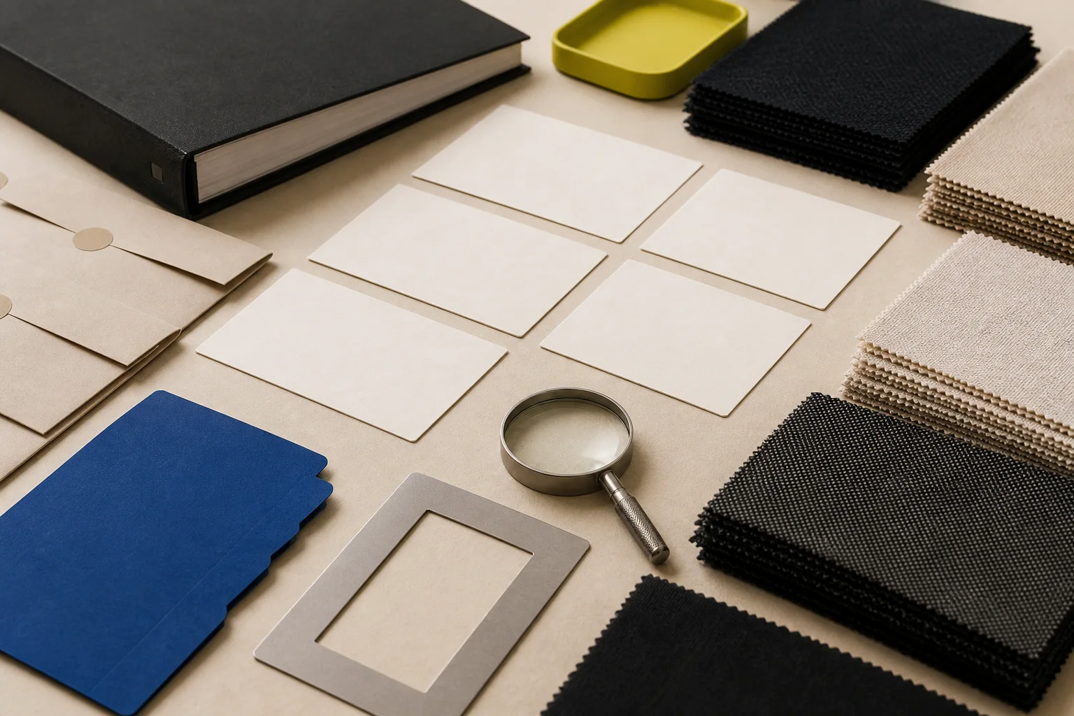 Fictional fabric-testing planning table with neutral swatches, sample-lot envelopes, blank method cards, a magnifier, cobalt dividers, and an acid-lime hold tray.