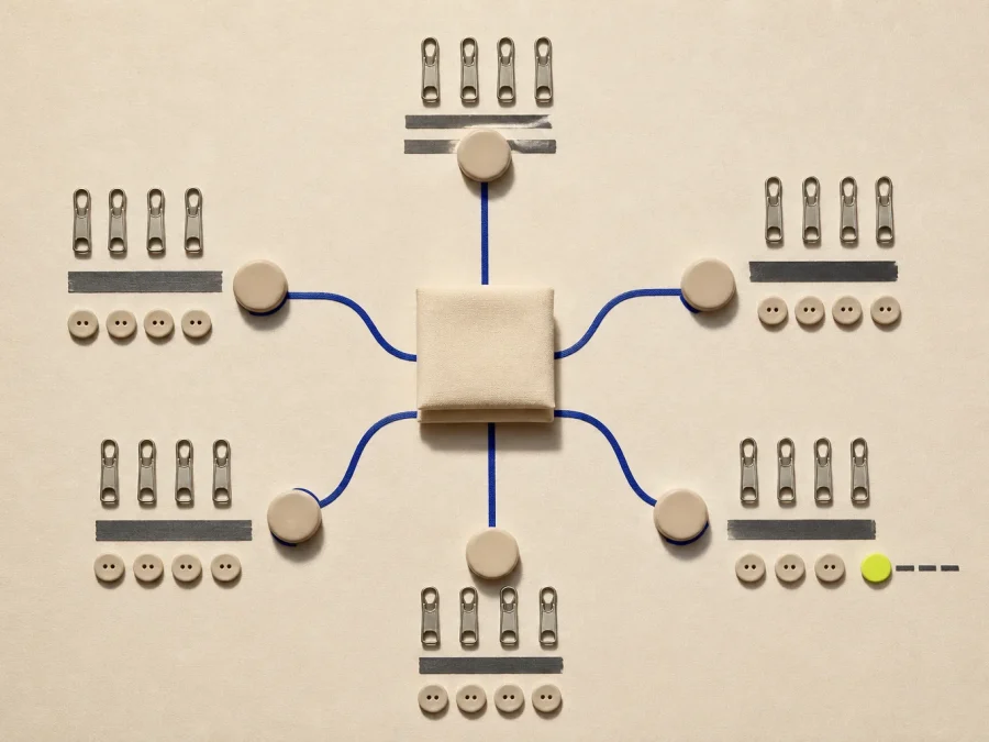Abstract trim-like blocks progressing through blank approval and delivery modules on cobalt paths, with near-black delay gates and an acid-lime reviewer marker.