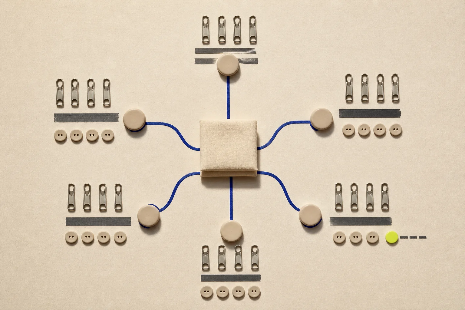 Abstract trim-like blocks progressing through blank approval and delivery modules on cobalt paths, with near-black delay gates and an acid-lime reviewer marker.