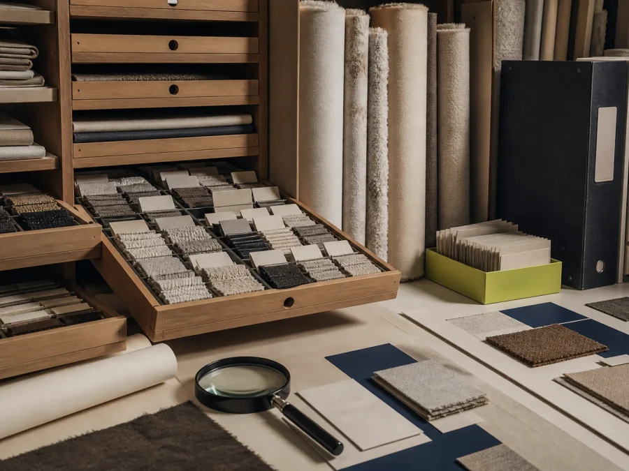 Fictional physical materials library with orderly swatch drawers, rolled textiles, abstract sample tags, a magnifier, cobalt dividers, and an acid-lime intake tray.