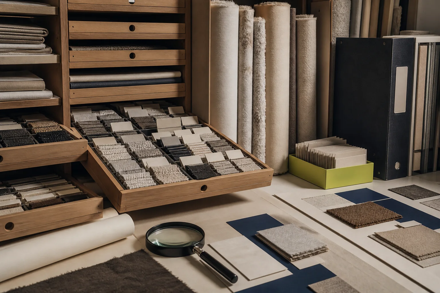 Fictional physical materials library with orderly swatch drawers, rolled textiles, abstract sample tags, a magnifier, cobalt dividers, and an acid-lime intake tray.