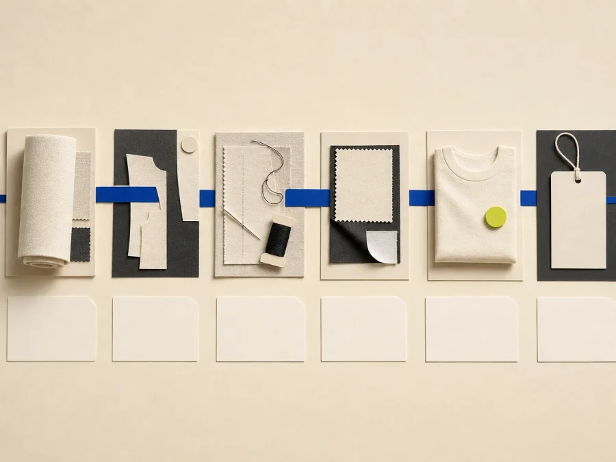 Abstract cream fabric, cutting, sewing, and finishing modules form a local production path with blank evidence cards, a cobalt line, and one acid-lime review marker.