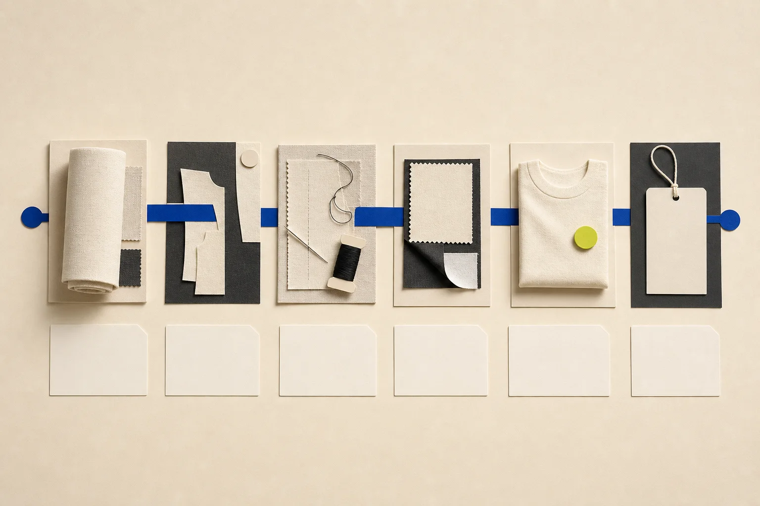 Abstract cream fabric, cutting, sewing, and finishing modules form a local production path with blank evidence cards, a cobalt line, and one acid-lime review marker.