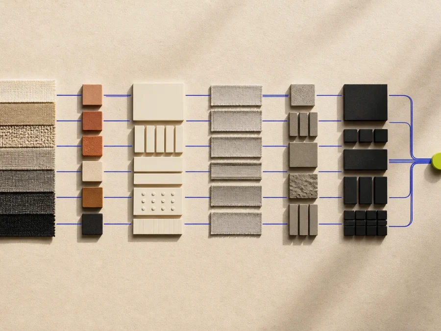 Abstract woven strips, trim blocks, setup modules, and quality checkpoints arranged on warm paper with cobalt production paths and an acid-lime reviewer marker.