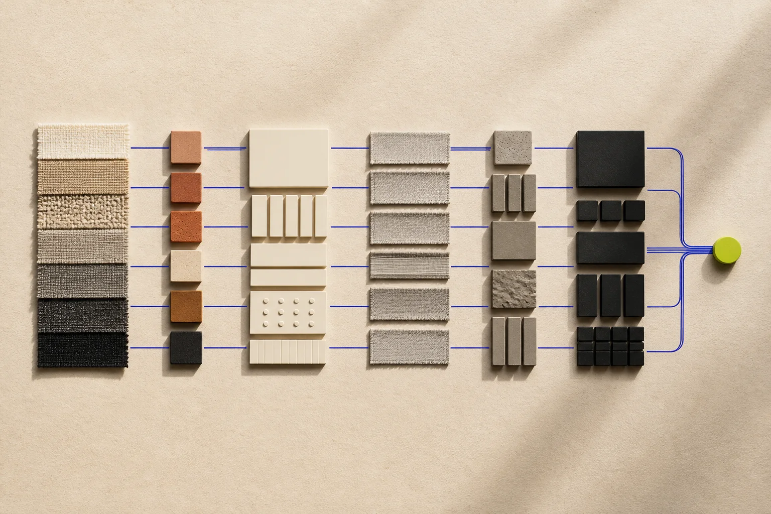 Abstract woven strips, trim blocks, setup modules, and quality checkpoints arranged on warm paper with cobalt production paths and an acid-lime reviewer marker.