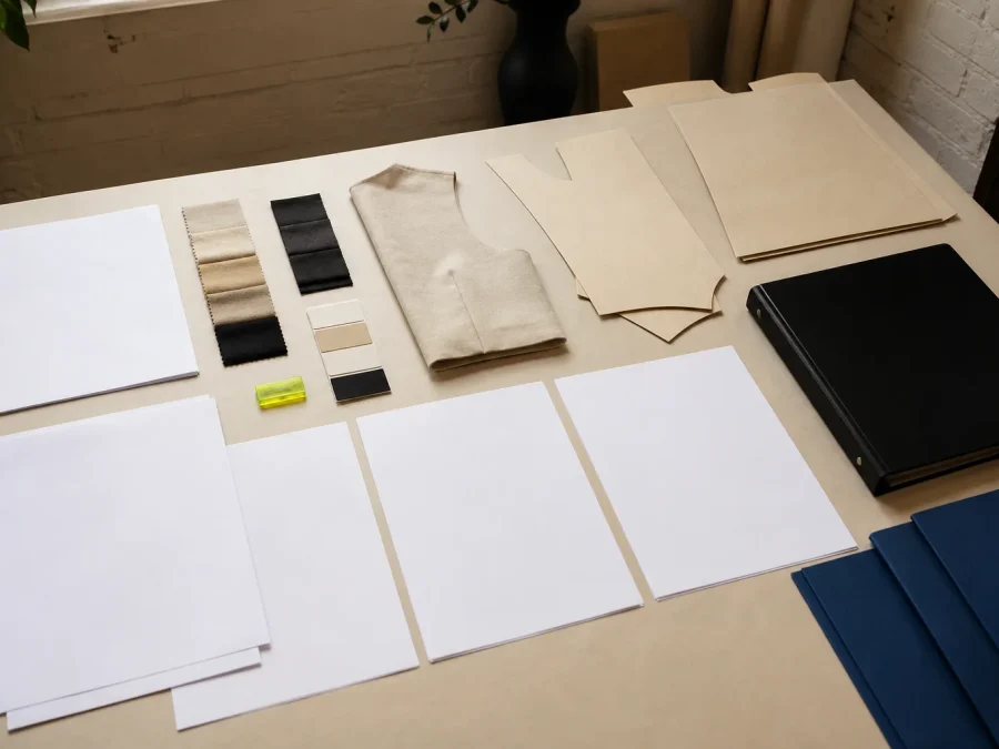 Fictional apparel tech-pack desk with blank specification sheets, a neutral garment fragment, fabric and trim swatches, cobalt version folders, and an acid-lime approval clip.