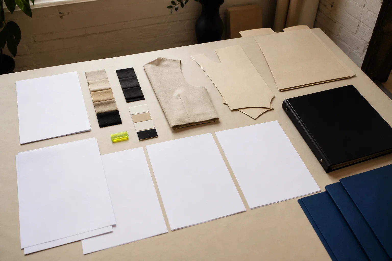 Fictional apparel tech-pack desk with blank specification sheets, a neutral garment fragment, fabric and trim swatches, cobalt version folders, and an acid-lime approval clip.