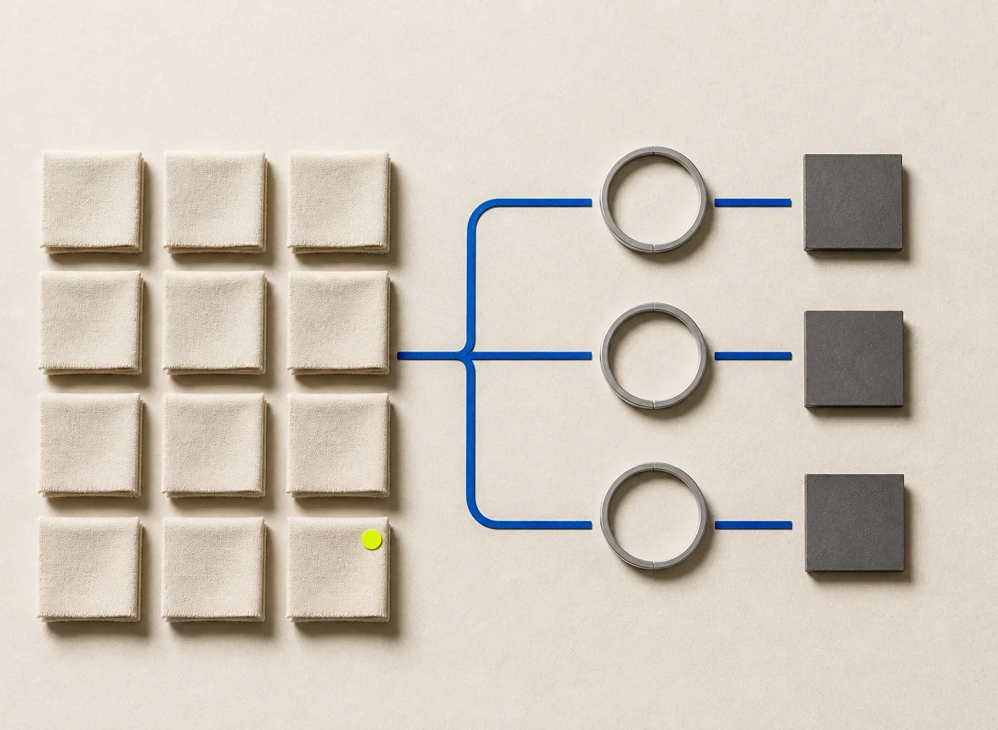 Several compact abstract production lots pass through cream, silver, and dark quality gates on warm paper, connected by cobalt paths and an acid-lime human-review marker.
