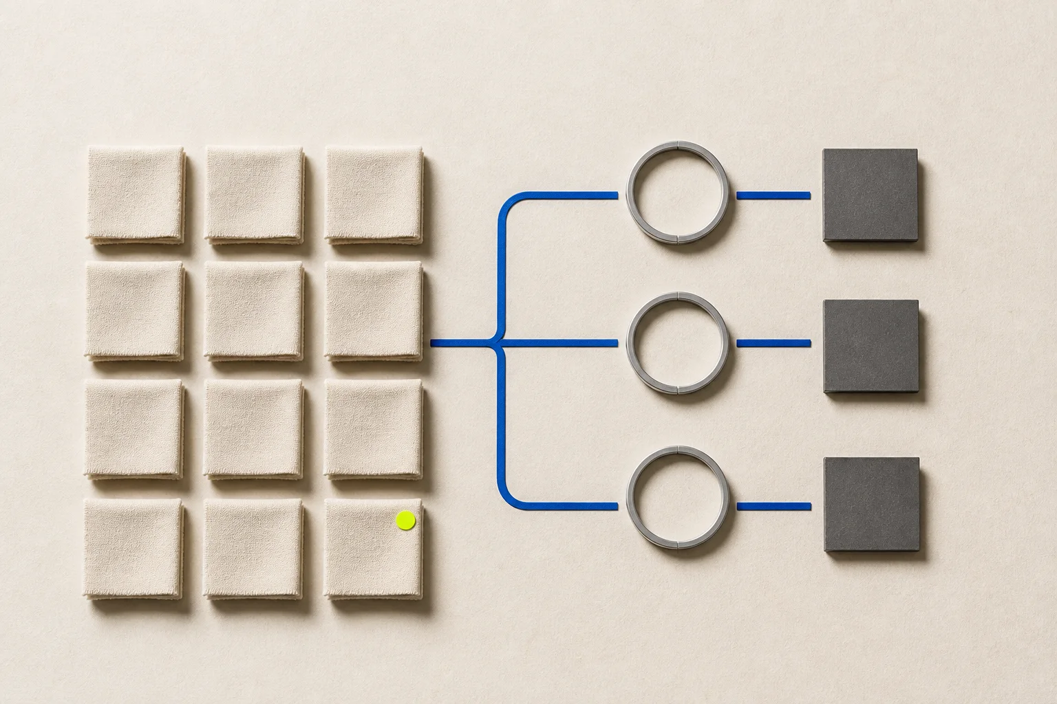 Several compact abstract production lots pass through cream, silver, and dark quality gates on warm paper, connected by cobalt paths and an acid-lime human-review marker.