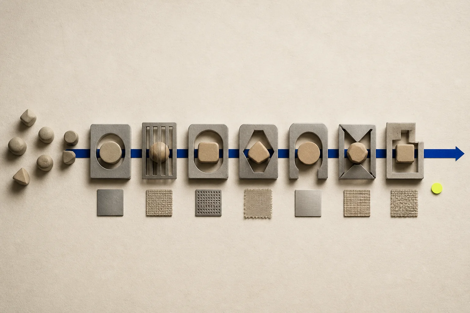 Abstract production modules move through identity, labor, safety, quality, and traceability gates on warm paper with an acid-lime unresolved-review marker.