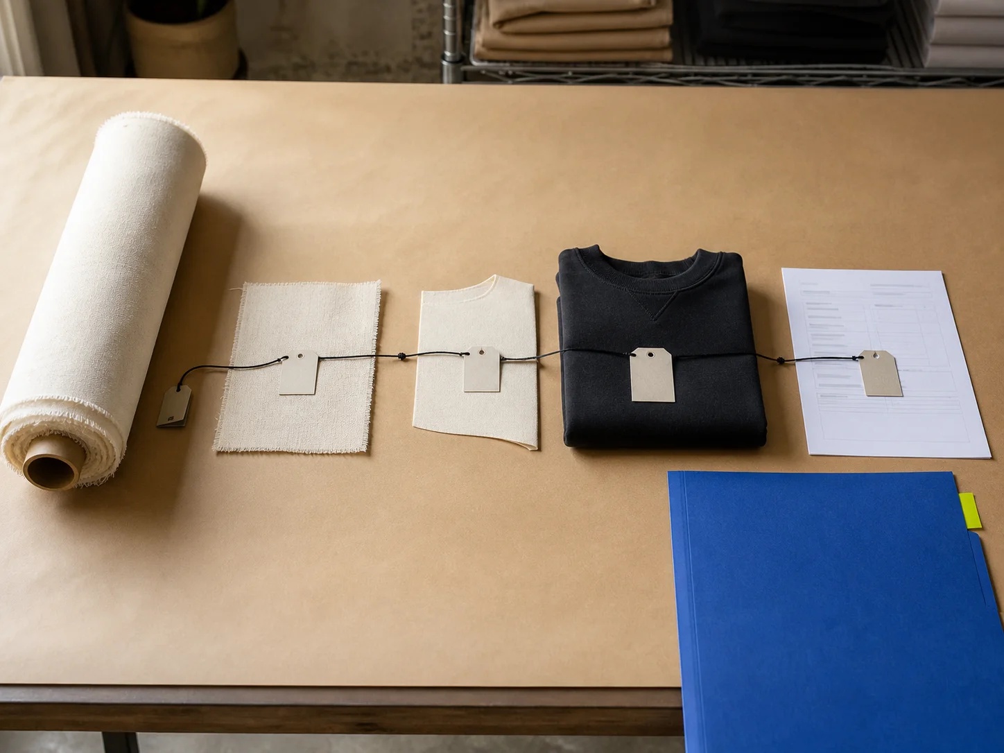 A fictional fabric roll, swatches, folded sweatshirt, blank lot tags, purchase-order paper, cobalt folder, and acid-lime tab connected across a warm worktable.