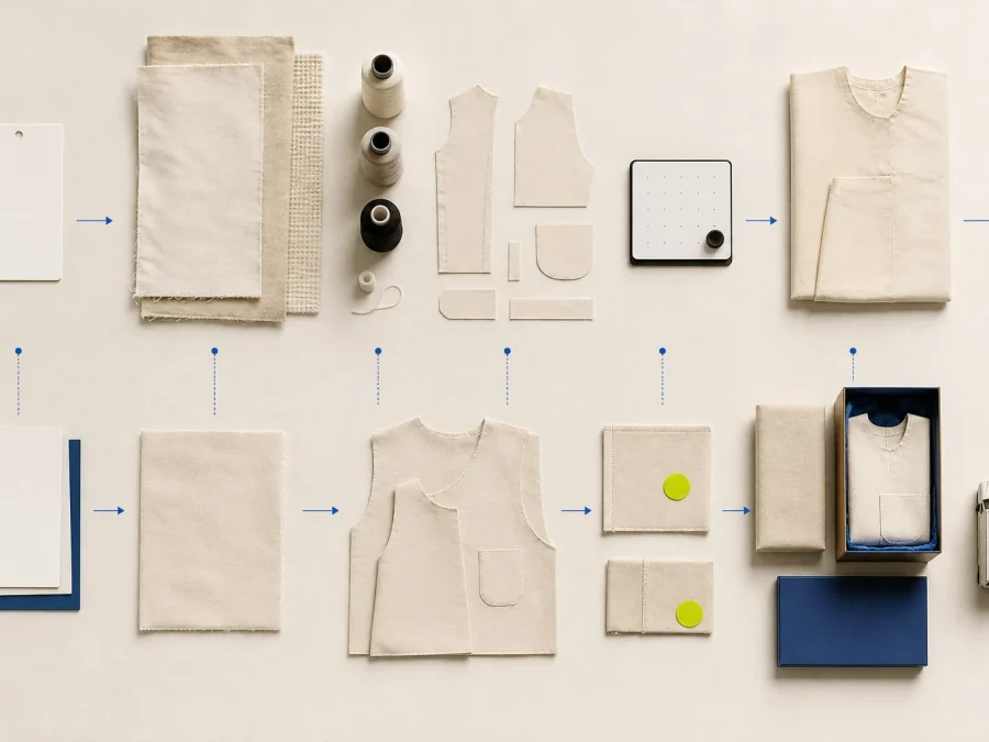 Abstract fashion production cells connect demand, material, quality, packing, and delivery gates on warm paper with cobalt paths and one acid-lime review marker.