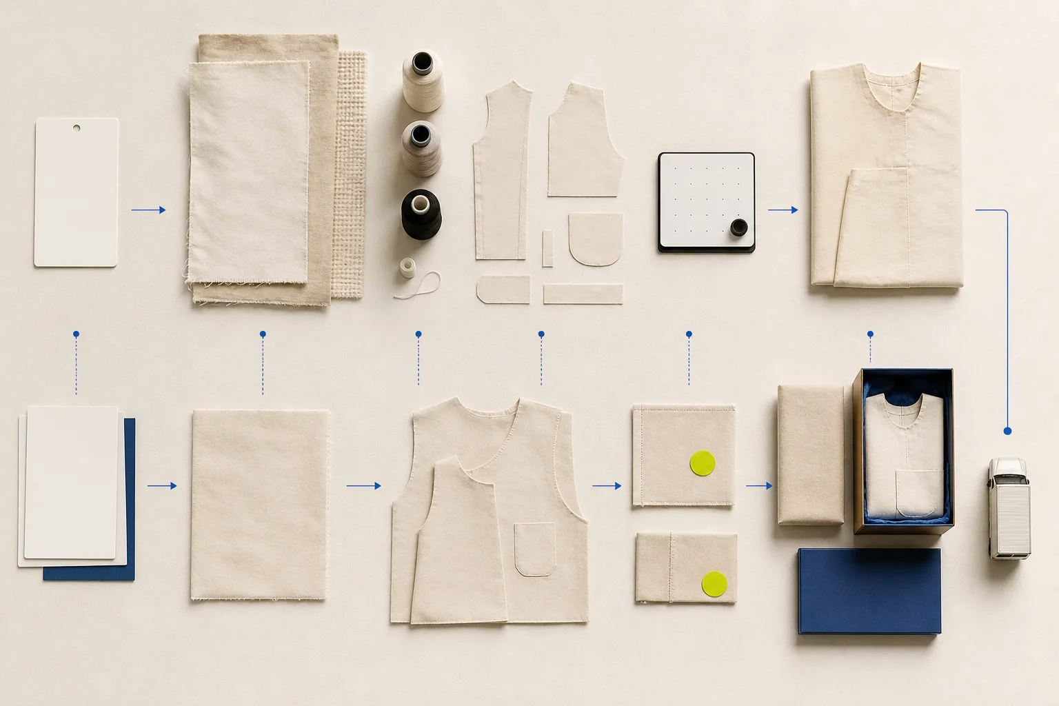 Abstract fashion production cells connect demand, material, quality, packing, and delivery gates on warm paper with cobalt paths and one acid-lime review marker.