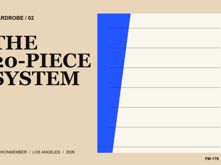 Sand editorial cover with a cobalt wedge and ruled cream panel beside the words The 20-Piece System.