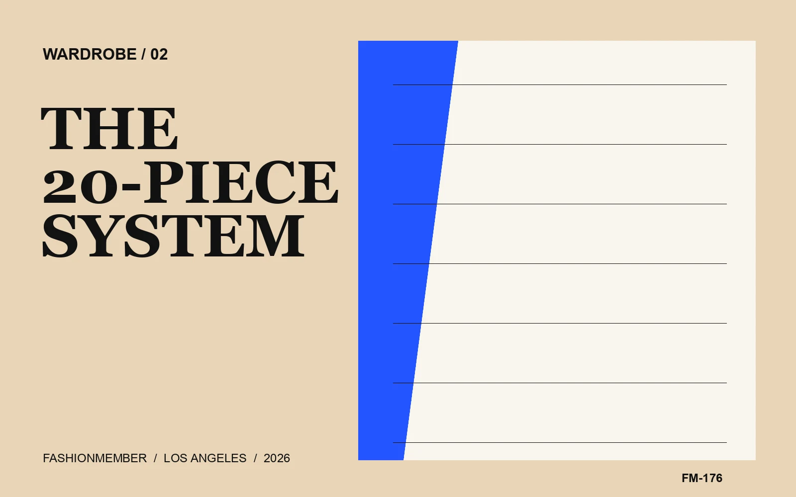 Sand editorial cover with a cobalt wedge and ruled cream panel beside the words The 20-Piece System.