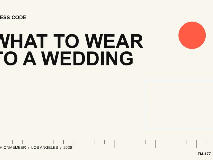 Cream editorial cover with cobalt, coral, and black forms beside the words What to Wear to a Wedding.
