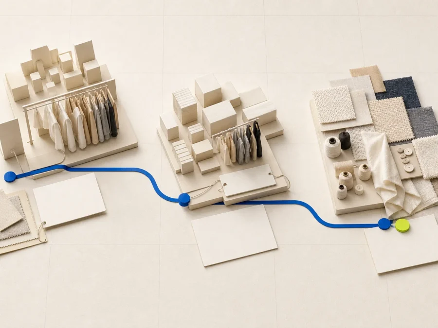 Abstract cream district zones for showrooms, wholesale, and materials connected by a cobalt route with blank buyer cards and one acid-lime verification marker.