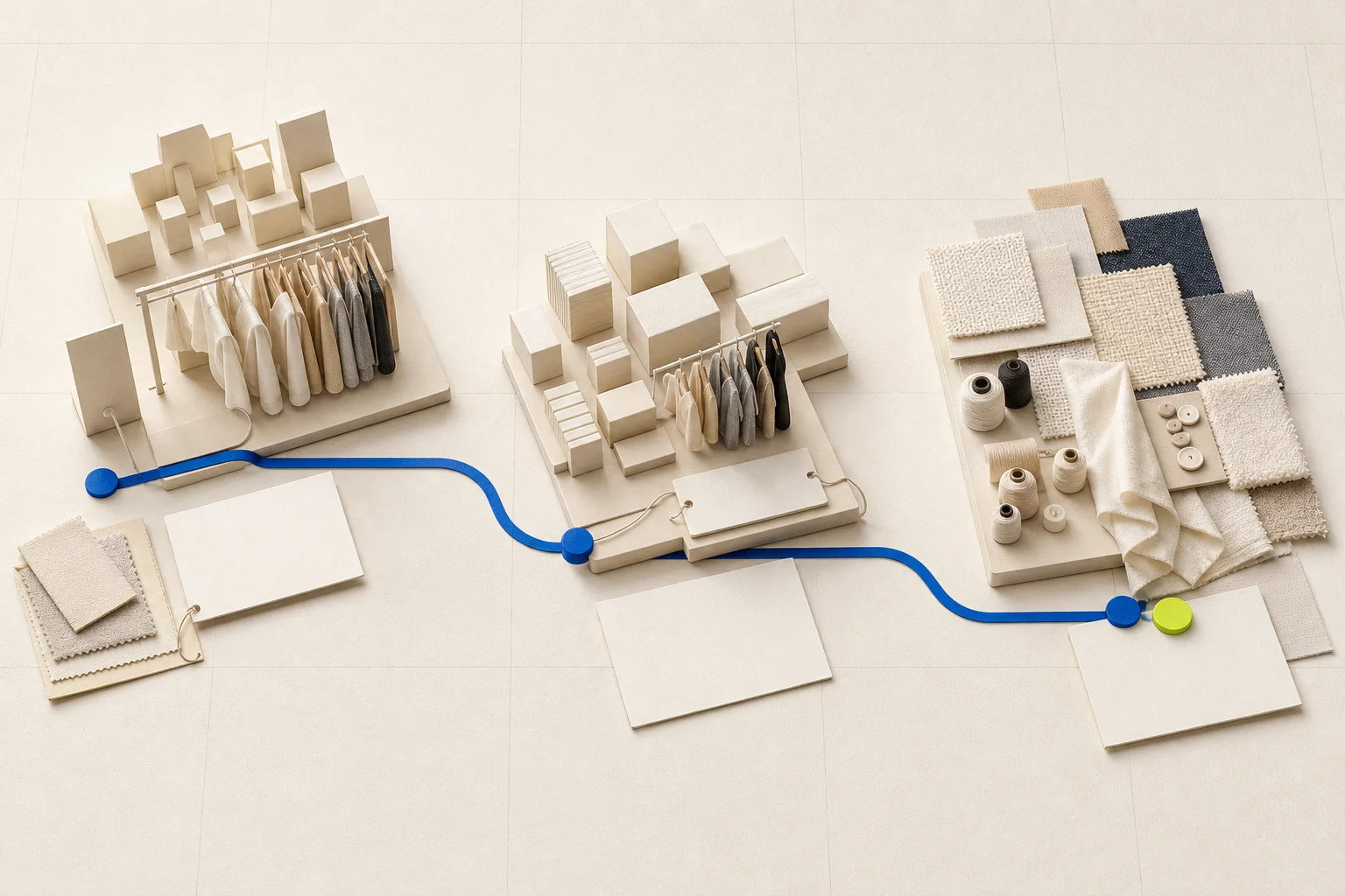Abstract cream district zones for showrooms, wholesale, and materials connected by a cobalt route with blank buyer cards and one acid-lime verification marker.