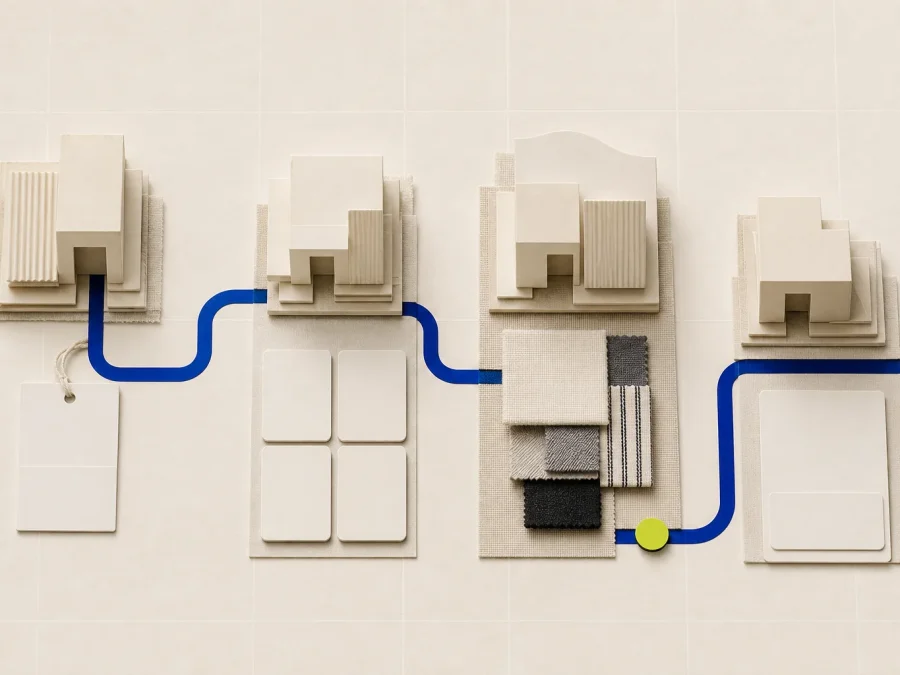 Abstract cream multi-building market route with blank registration, appointment, assortment, and follow-up cards linked in cobalt and one acid-lime verification marker.