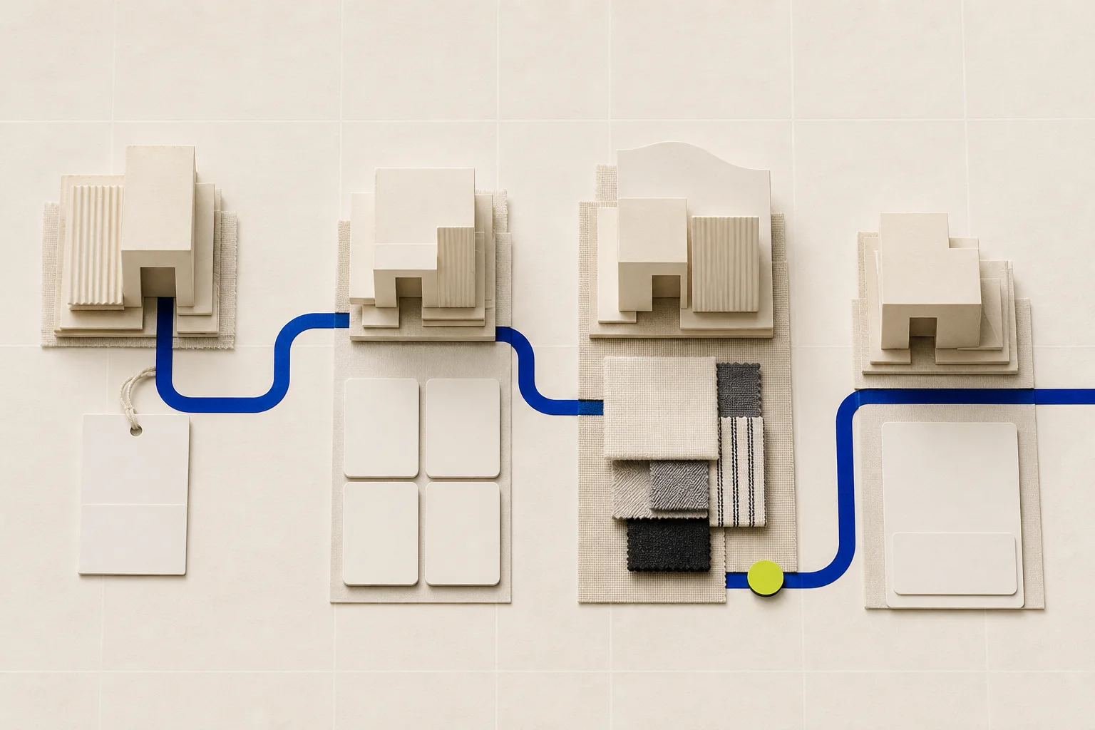 Abstract cream multi-building market route with blank registration, appointment, assortment, and follow-up cards linked in cobalt and one acid-lime verification marker.