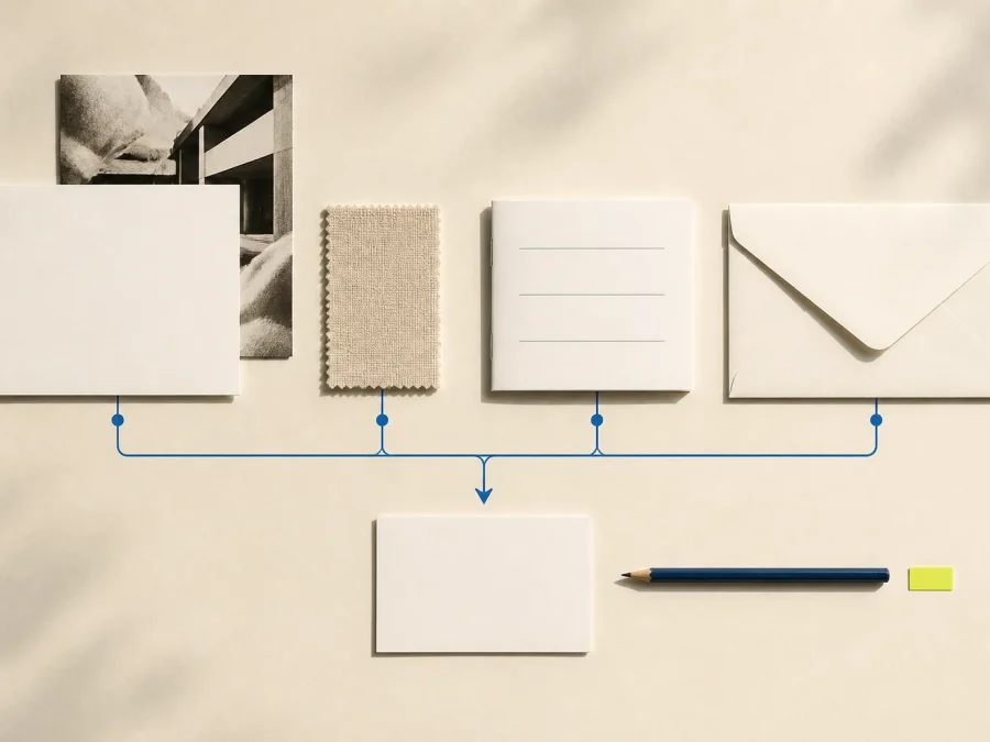 Blank outreach cards, a compact fashion line summary, and a single cobalt connection path arranged on warm paper with an acid-lime human-review tab.