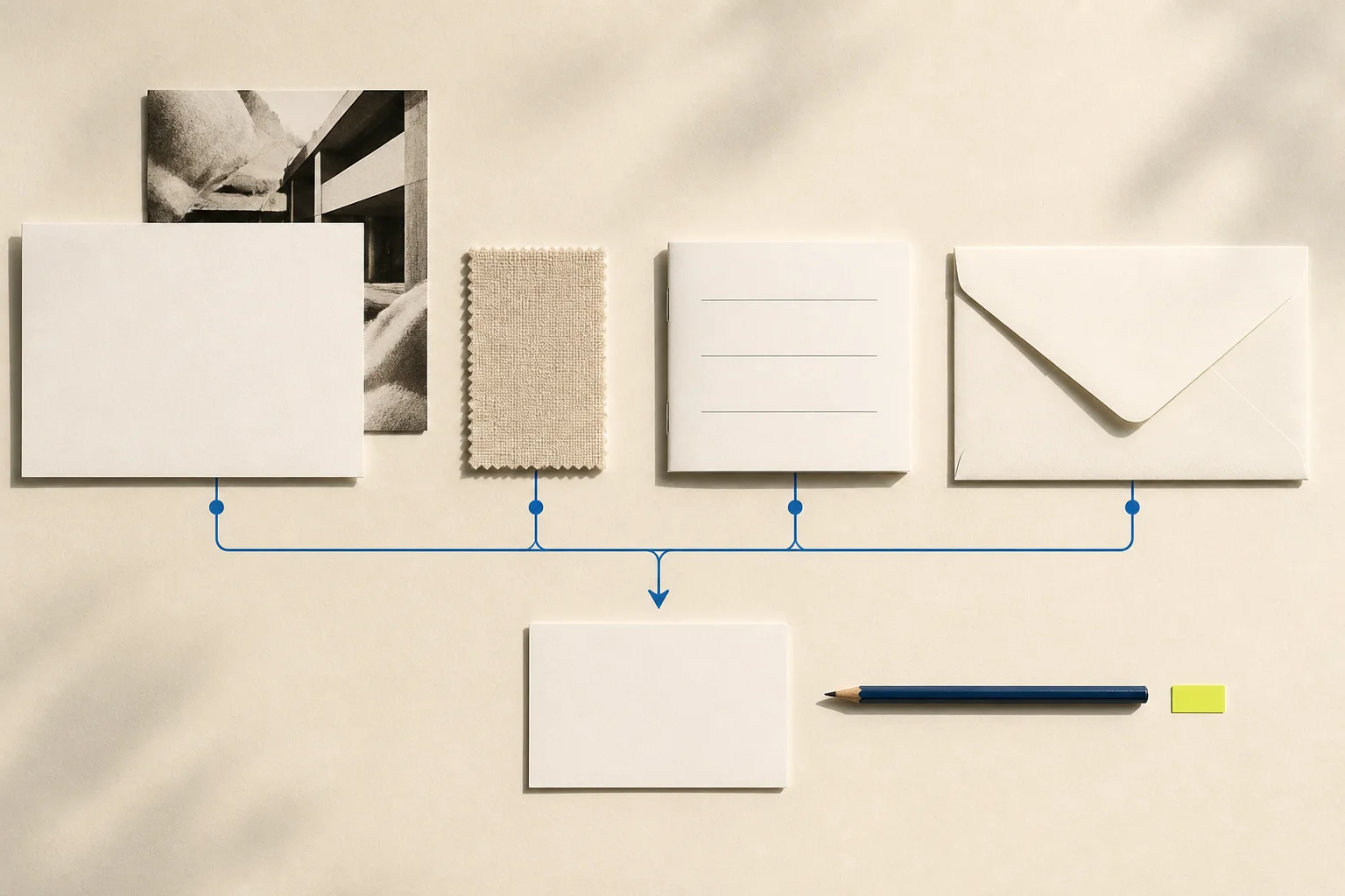 Blank outreach cards, a compact fashion line summary, and a single cobalt connection path arranged on warm paper with an acid-lime human-review tab.