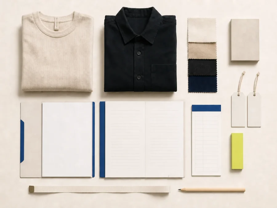 A compact set of neutral fashion samples, blank line cards, swatches, and ordering tools is arranged on warm paper with cobalt dividers and one acid-lime readiness marker.
