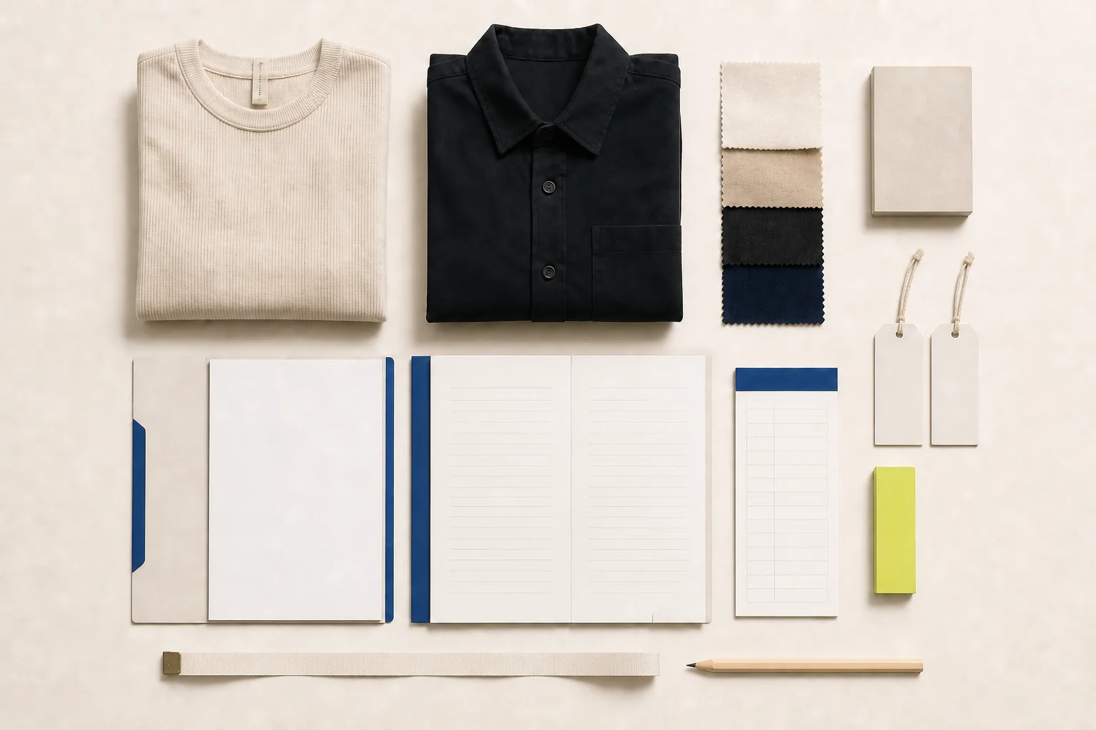 A compact set of neutral fashion samples, blank line cards, swatches, and ordering tools is arranged on warm paper with cobalt dividers and one acid-lime readiness marker.
