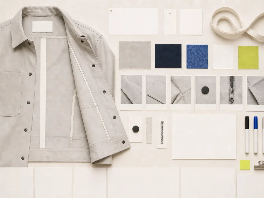 A neutral garment sample, measuring tools, construction details, and blank evidence cards form a strict review grid on warm paper with cobalt marks and an acid-lime hold tab.