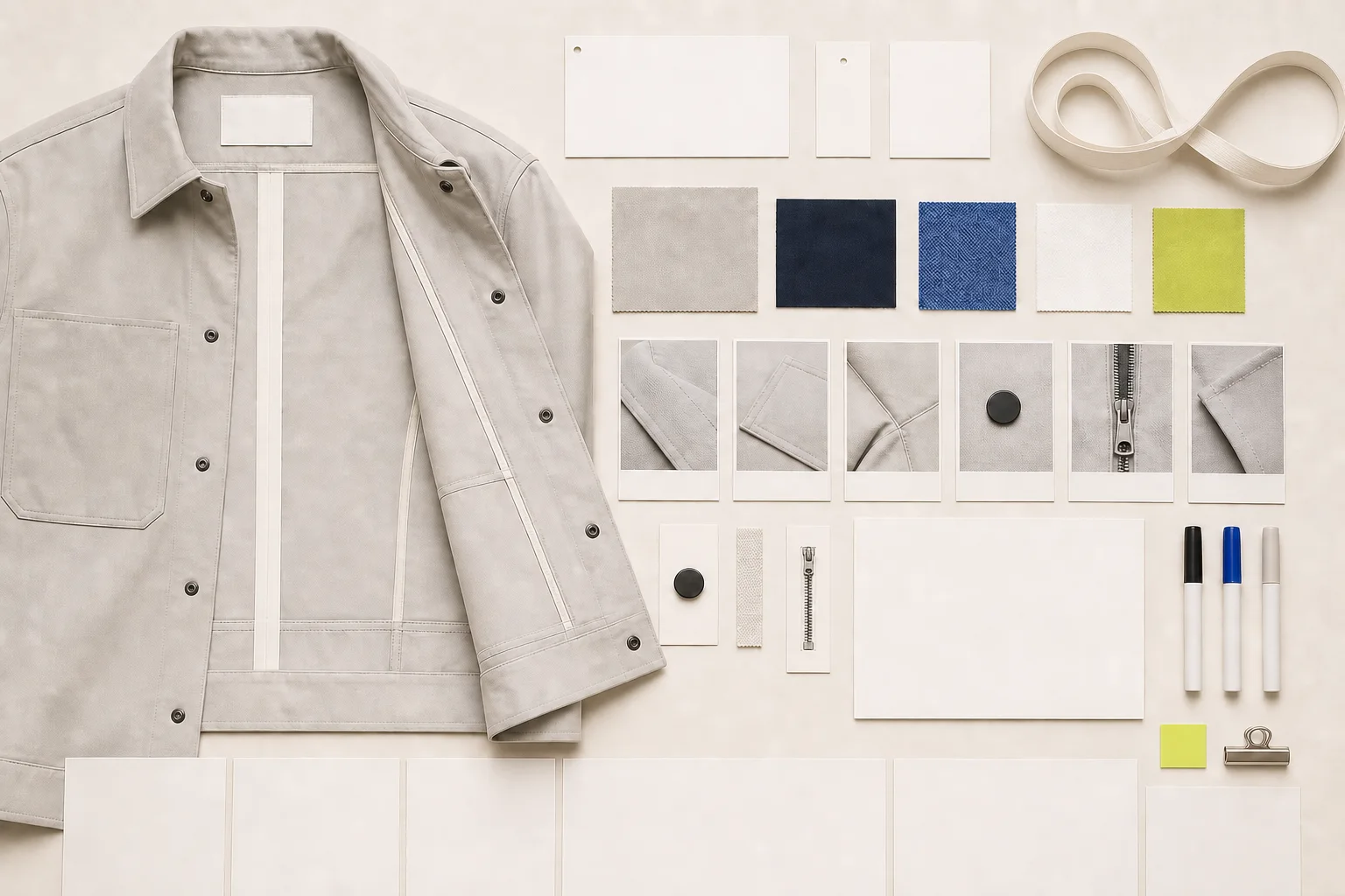 A neutral garment sample, measuring tools, construction details, and blank evidence cards form a strict review grid on warm paper with cobalt marks and an acid-lime hold tab.