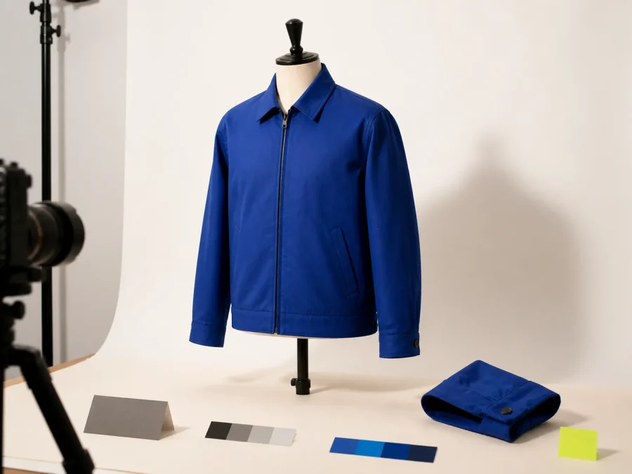 A fictional cobalt jacket photographed on a torso form with a camera, cuff detail, gray and color reference cards, and an acid-lime marker in a warm-white studio.