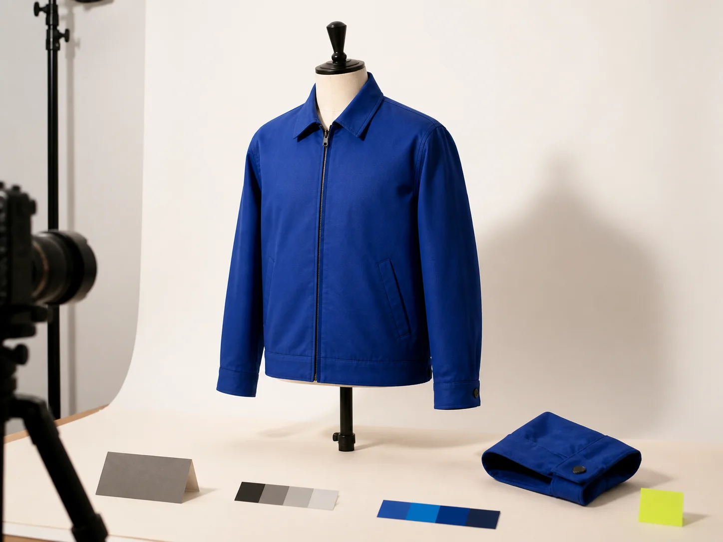 A fictional cobalt jacket photographed on a torso form with a camera, cuff detail, gray and color reference cards, and an acid-lime marker in a warm-white studio.