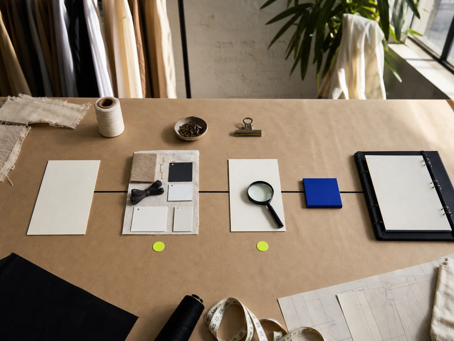 Four fictional AI-adoption stages made from blank cards, fabric, thread, magnifier, cobalt block, acid-lime checkpoints, and a black binder on a warm apparel worktable.