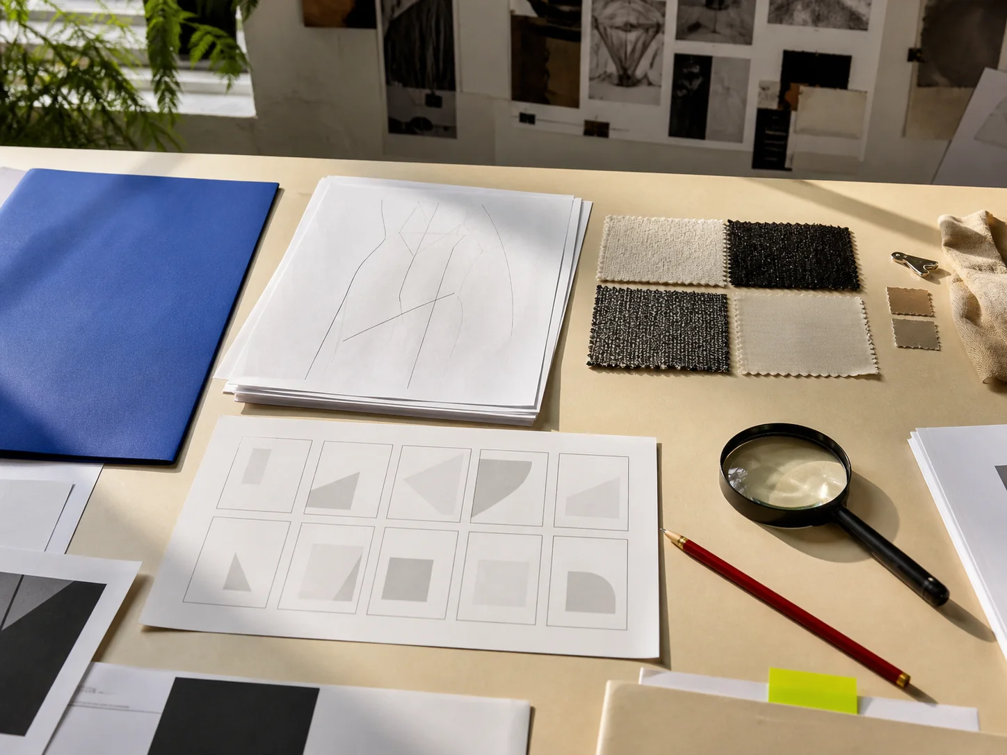 A fictional editorial verification desk with blank source pages, neutral contact-sheet shapes, textile swatches, cobalt folder, magnifier, red pencil, and an acid-lime final-check tab.