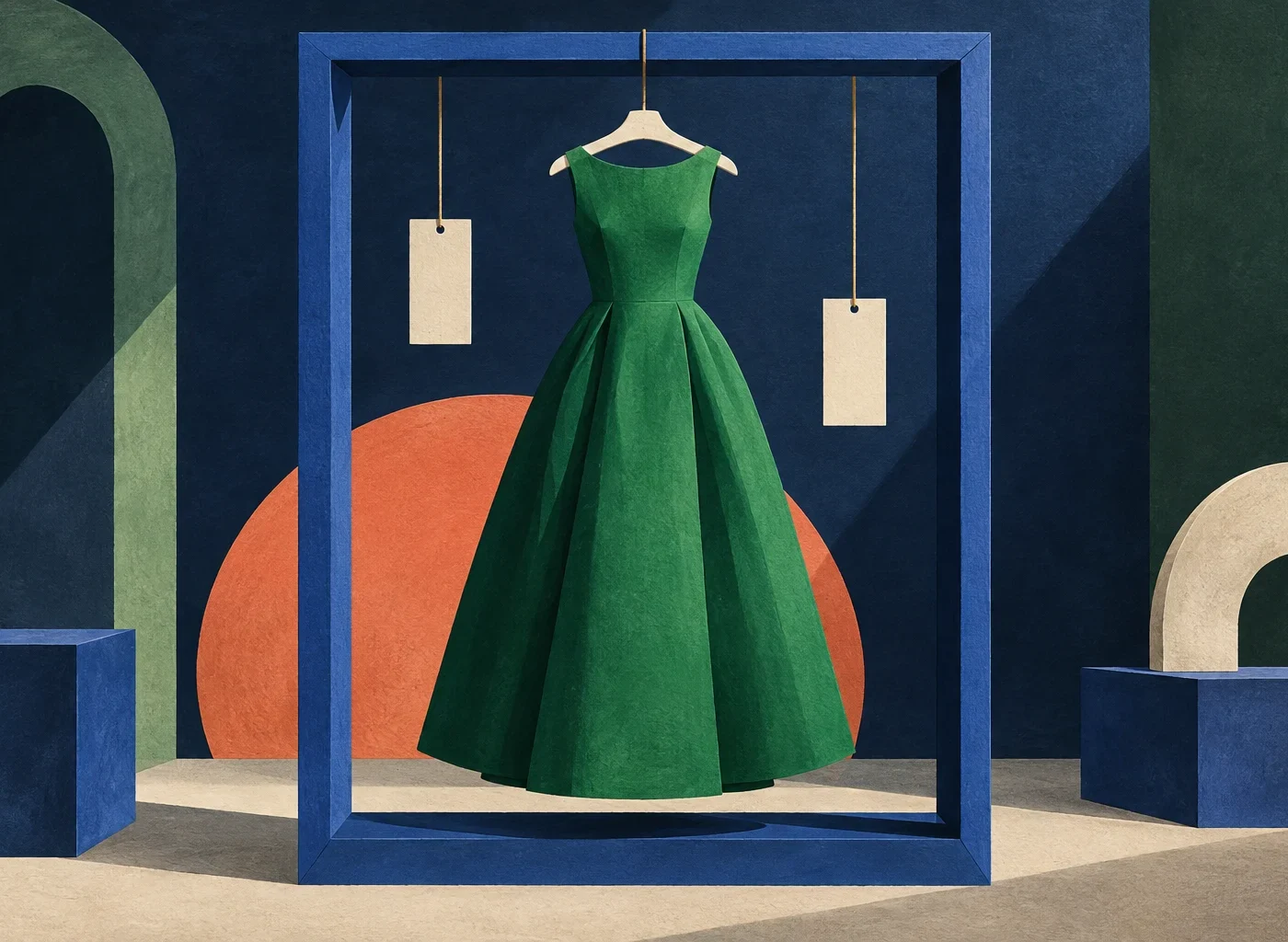 A green dress hangs inside a blue rectangular frame beside two blank cream tags and a coral circle.