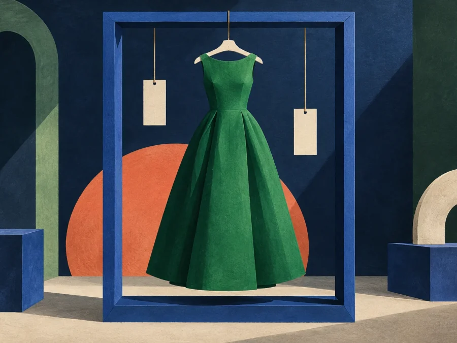 A green dress hangs inside a blue rectangular frame beside two blank cream tags and a coral circle.