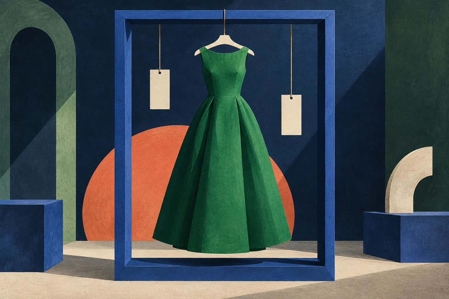A green dress hangs inside a blue rectangular frame beside two blank cream tags and a coral circle.