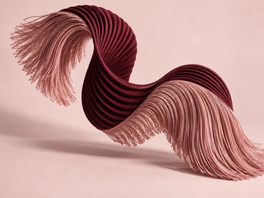 A burgundy pleated ribbon curves between two sweeps of pink fringe against a pale pink background.