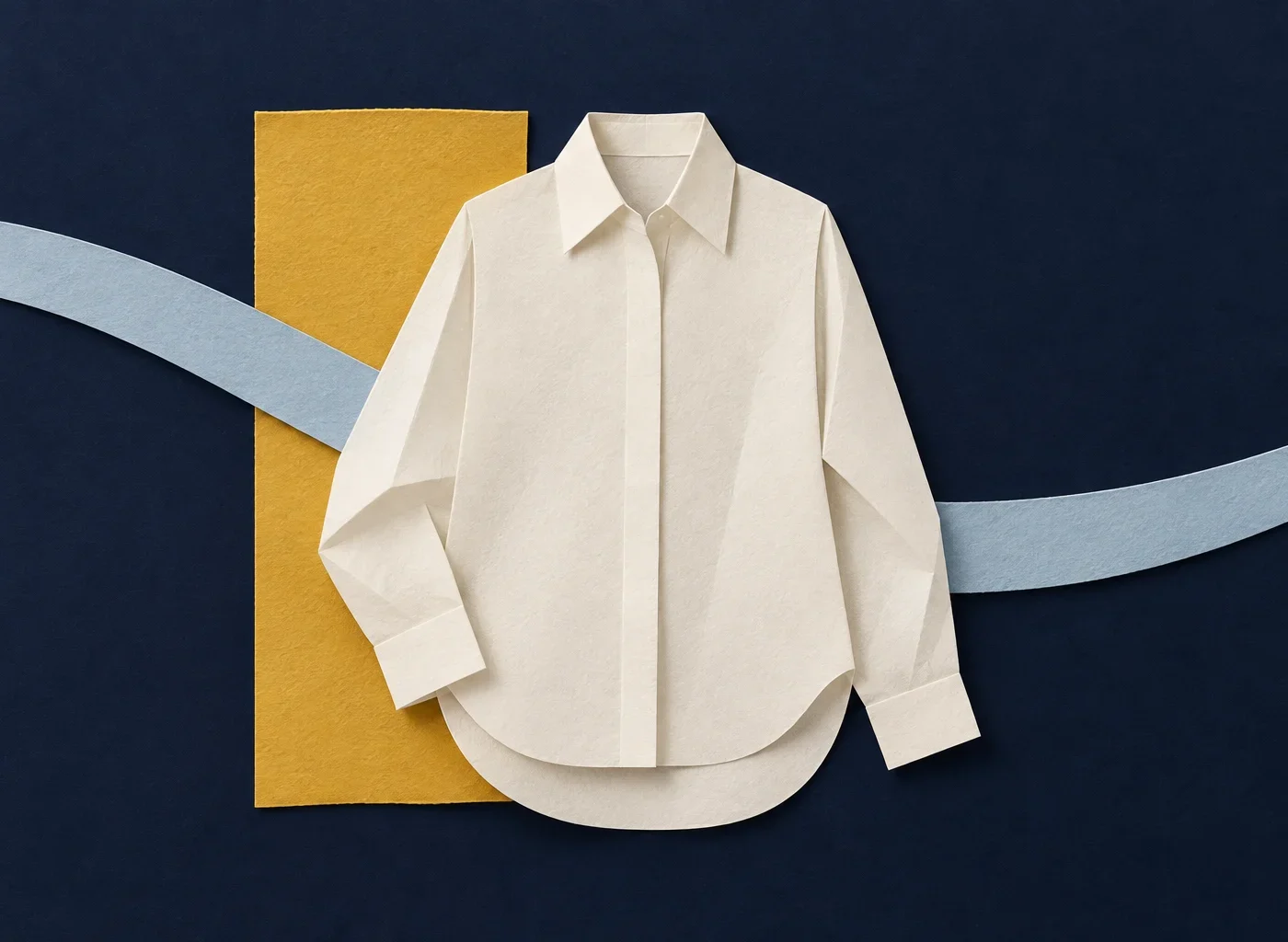 An ivory paper shirt overlaps a mustard rectangle and a pale blue curved strip on a navy background.