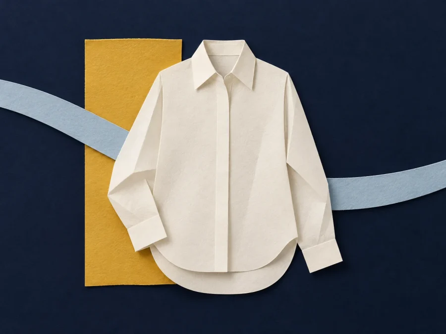 An ivory paper shirt overlaps a mustard rectangle and a pale blue curved strip on a navy background.